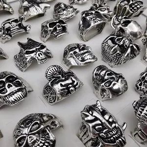 Perhiasan mode uniseks cincin logam campuran Zinc tengkorak Set gaya acak cincin US ukuran: 5.5-10 100 buah/boks 1433628