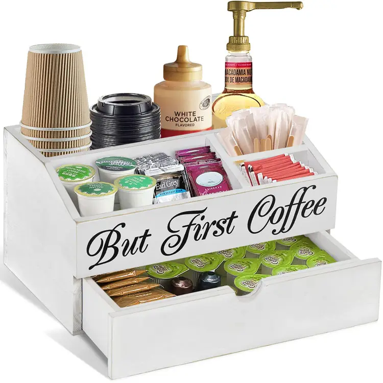 Coffee Station Organizer, Holz K Tasse Kaffee pads Halter mit Schublade, Arbeits platte Coffee Bar Zubehör Teebeutel Organizer