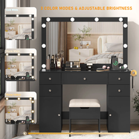 Ensemble de coiffeuse avec miroir éclairé, prise de charge et plateau en verre trempé pour chambre à coucher