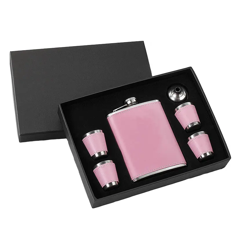 Flexible 8oz Pink Stainless Steel Leather Wrapped Hip Flask Gift Set Blank