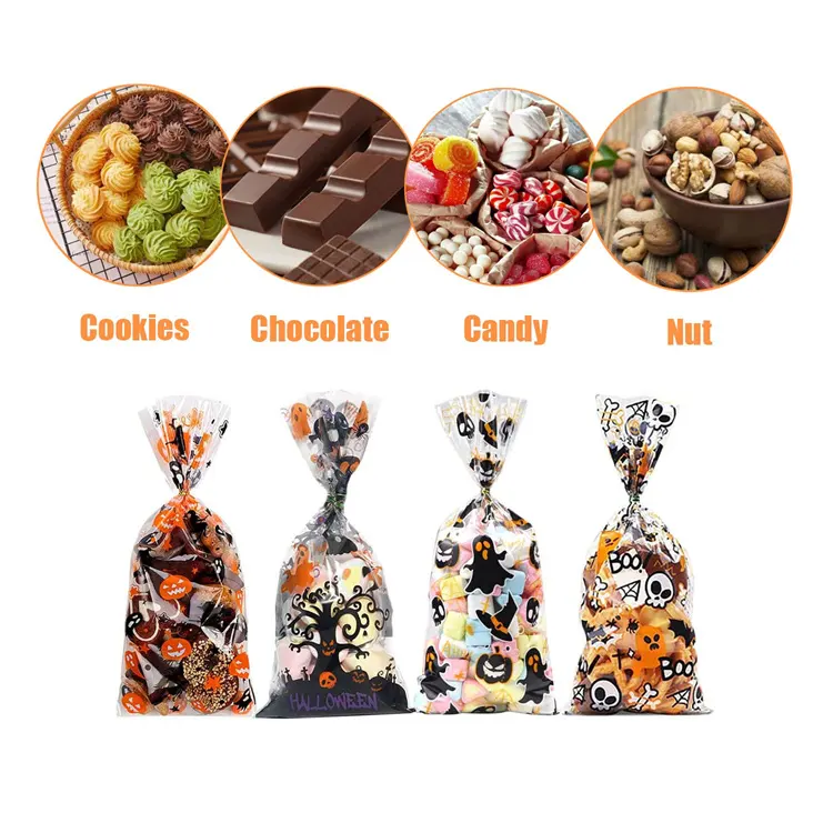 Odm Halloween Cellofaan Doorzichtige Plastic Traktatie Candy Cookies Goody Bags Met Twist Stropdassen Voor Halloween Party Gunst Benodigdheden