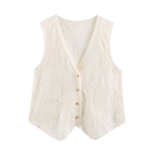<b>Women's</b> Vintage Lace V-neck Sleeveless Vest With Button Closure Breathable Cotton Floral Pattern Knitted <b>Waistcoat</b> - Product Image 1