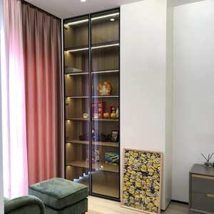 Armoire de chambre à coucher en bois moderne minimaliste de luxe en forme de L avec portes en verre, éclairage LED, organisateur de vêtements écologique - Product Image 3