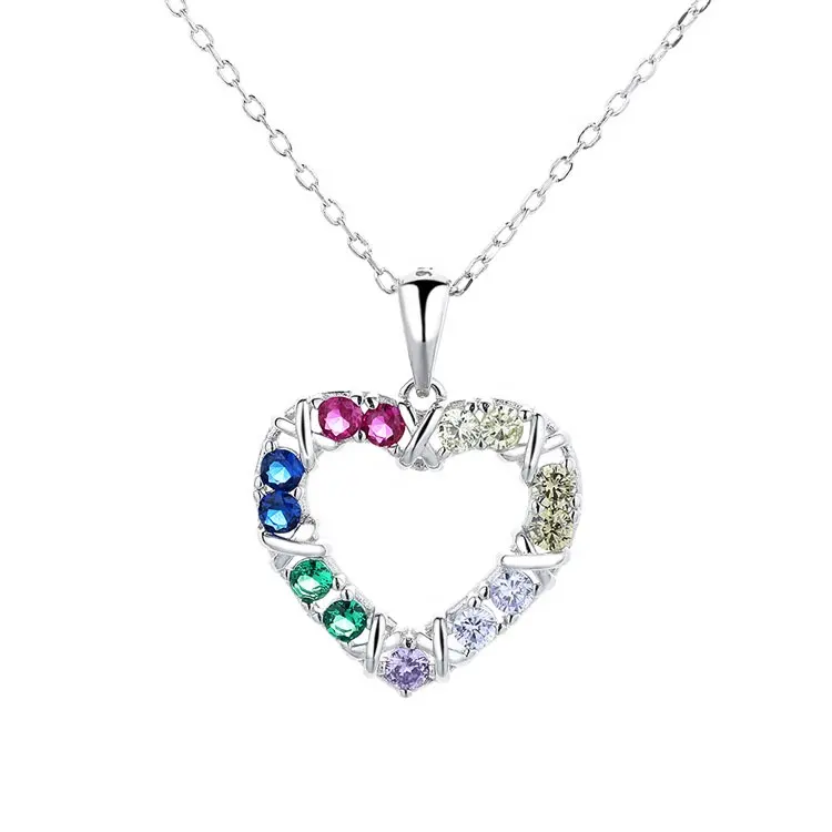 Yaeno Multi Color Heart Pendant Necklace in Sterling Silver 925 Charm with Chain