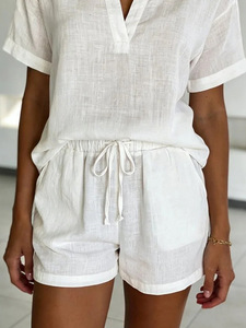 Completo Estivo Personalizzato 2026 in Lino e Cotone Bianco per Donna, <span class=keywords><strong>Set</strong></span> Due Pezzi con Scollo a V, Maniche Corte, Coulisse e Vita Elastica, OEM - Product Image 4