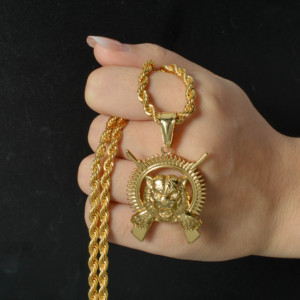 Pendentif Hip Hop pour Homme en Acier Inoxydable 316L Plaqué Or 18K, Tête de Lion Creuse Circulaire, Breloque Pistolet, Gravable sur Mesure, avec Cordon Torsadé Épais - Product Image 2