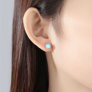 Minimalist S925 Silver Stud <b>Earrings</b> With Blue <b>Opal</b> Stone Claw Setting Classic Women's Jewelry Everyday Wear - Product Image 2