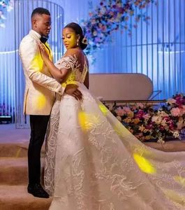 Precio de Fábrica 2025 Nueva Línea Vestido de Novia de Manga Larga Cola de Pez Vestido de Noche con Cola Desmontable Estampado Floral Sin Espalda - Product Image 4