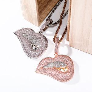 Collier grillz doré pour les dents, pendentif lèvres en zircon complet, électroplaqué, pour hommes et femmes - Product Image 2