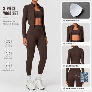 Women Gym Set 3 Piece Breathable High Waist Leggings Padded Sports Bra Long Sleeve <b>Zip</b> Jacket Workout Outfit - Product Image 3
