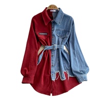 Chemisiers asymétriques pour femmes de style coréen, mode automne, col à revers, longues manches, denim, haut en jean avec ceinture