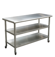 Table de travail commerciale en acier inoxydable avec roulettes, étagère de préparation alimentaire, capacité 300 kg, 4 roulettes amovibles auto-nettoyantes