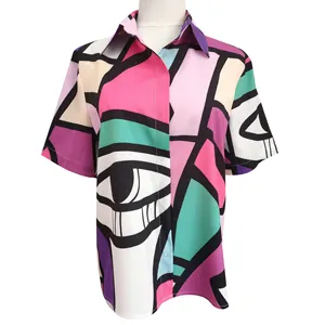 Blusa feminina barata personalizada, camisa/blusa casual de verão com estampa digital, tecido simples para mulheres, estampa padrão