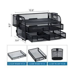 Metal 3-Tier Mesh Desk Organizer with Drawer Desktop Paper Letter Organizer with <b>Pen</b> Holder Desk Organizer with Handle - Product Image 2
