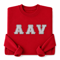 Sweat-shirt à col rond en chenille brodé sur mesure avec bordure en feutre ivoire et applique de lettres gris foncé pour cadeau de fraternité ou de sororité