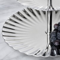 Support à fruits moderne à deux niveaux en acier inoxydable, plateau à desserts en métal poli, plat de service pour la décoration de table à manger à la maison ou à l'hôtel