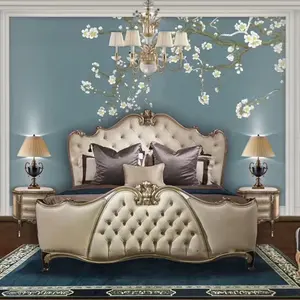 Kraliyet klasik ahşap yatak odası mobilyası seti avrupa tarzı lüks oyma kral yatak