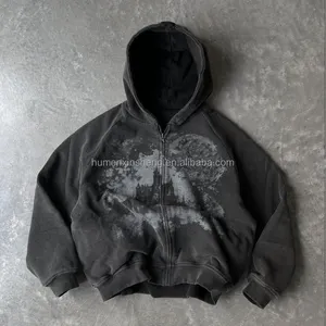 OEM custom design heavyweight cotton 400gsm 500gsm vintage acid wash baggy cropped zip up hoodie men