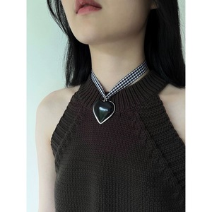 Plaid Ribbon Black Agate <b>Heart</b> Necklace Clavicle Chain For Women Fresh <b>Sweet</b> Style - Product Image 4