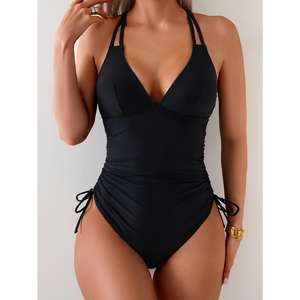 Traje de baño de cintura alta con aberturas, personalizado de fábrica, de color liso, <span class=keywords><strong>bikini</strong></span> de una pieza con braga brasileña y decoración fruncida, al por mayor - Product Image 2
