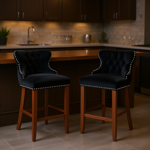 Tabourets de bar contemporains à dossier haut, revêtement en velours noir, pieds en bois, capitonnés, lot de 2 - Product Image 2