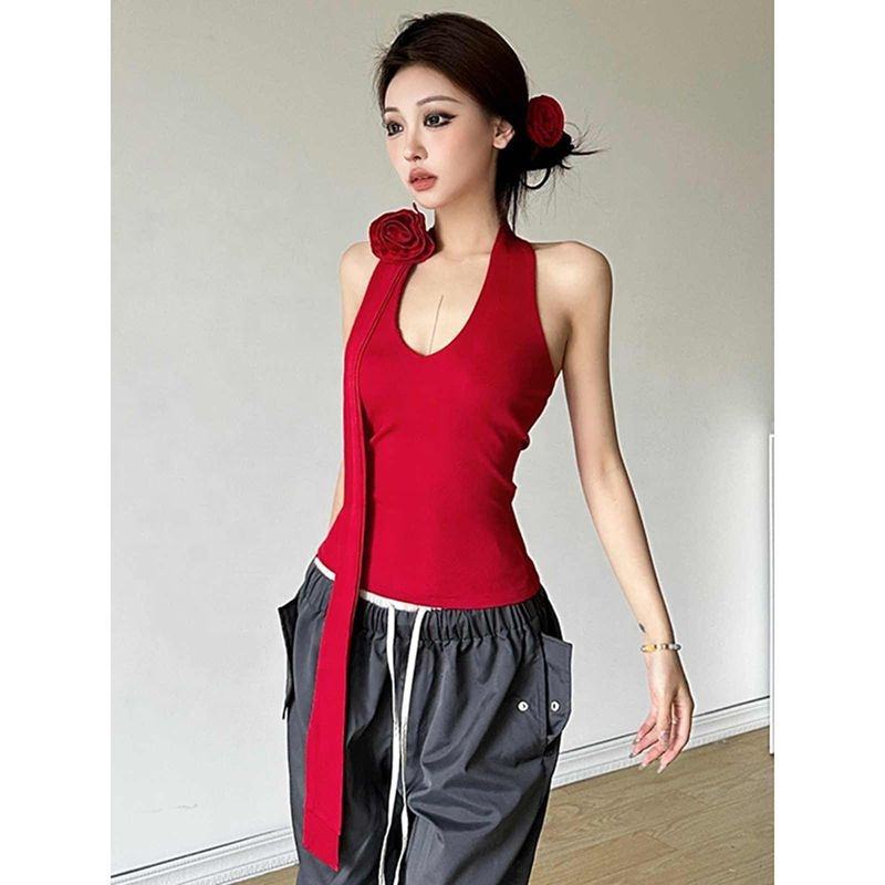 Halter Neck Sleeveless Tops Seductive Hot Girl Style Basic Tank Top Plain Cropped Tank Tops