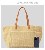 Sac à main en paille haute capacité tissé sacs fourre-tout en paille faits à la main d'été avec bandoulière en cuir pour les femmes