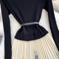 Hepburn Style français début d'automne mode robe peinture à l'encre impression couture tricotée plissée longue robe