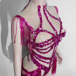 Justaucorps rose magenta à franges de strass Cyber Pop pour festival de musique, scène, diva, drag queen, artiste, costume de spectacle - Product Image 6
