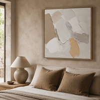 Peinture sur toile abstraite moderne minimaliste avec accents dorés, tons neutres texturés, cadre en bois pour décoration de mariage