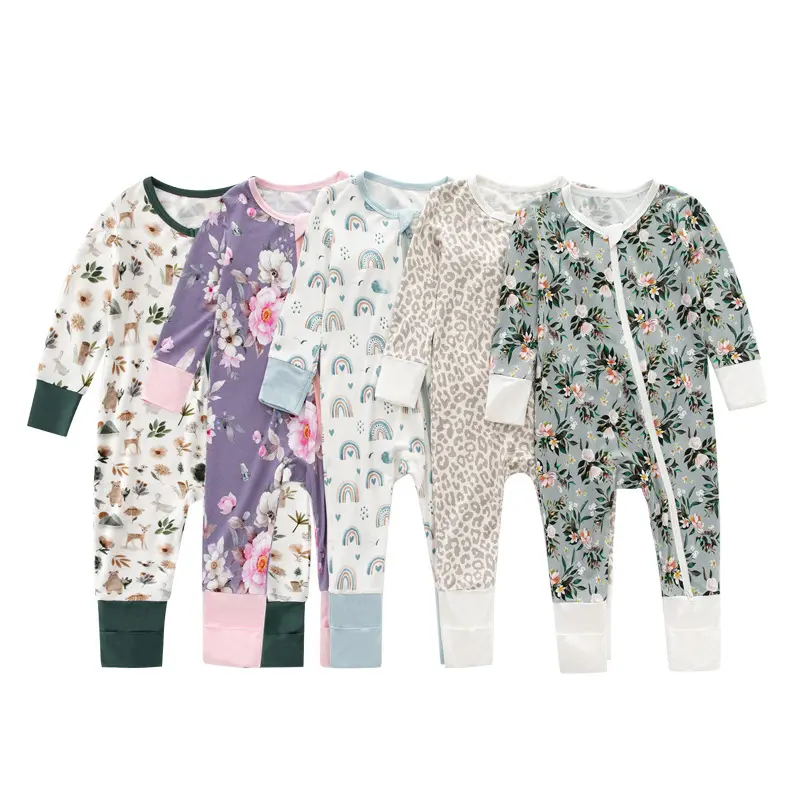 Wholesale Custom zipper fold over new born baby rompers baby girl clothes Toddler Pajamas sleep Print Bamboo Baby Clothes