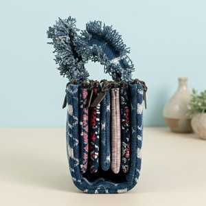 Sac Organisateur en Jute Bleu Chevron, Vente en Gros, Sac à Main Imprimé à la Main avec Franges et Pochettes Amovibles, Export Inde - Product Image 6