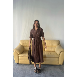 Vestido de Tencel de Manga Corta con Botones Delanteros, Color Marrón, Largo hasta la Rodilla, sin Tirantes, para Oficina, Elegante, para Fiestas, Uso Diario, Talla Única - Product Image 1