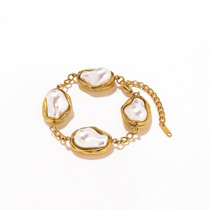 Bracelet en acier inoxydable vintage baroque avec perles imitation plaqué or 18 carats, serti de perles, pour femme, bijou cadeau - Product Image 5