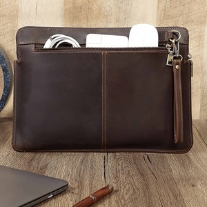 A4 Vintage Ordinary Leather <span class=keywords><strong>Document</strong></span> Bag 14 pulgadas Slim Laptop Sleeve <span class=keywords><strong>Case</strong></span> <span class=keywords><strong>Zipper</strong></span> Two Pock con asa Carpeta de archivos de cuero de vaca genuino - Product Image 5