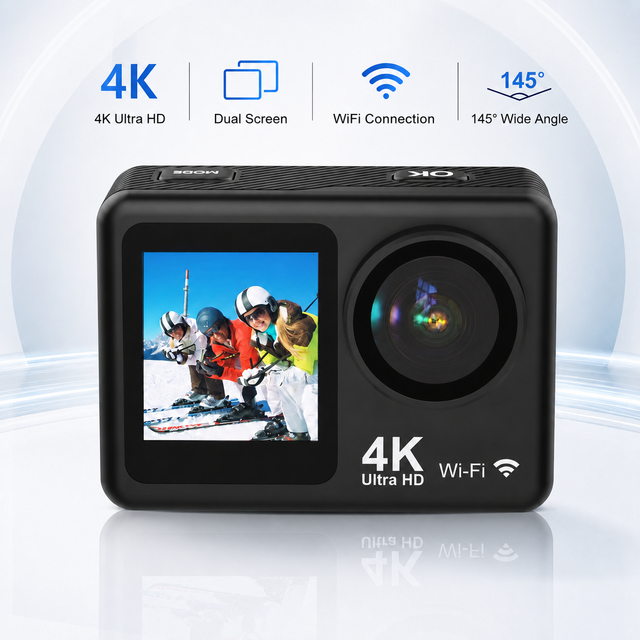 Wholesale D2M Dual Screen 4K WiFi Action Camera 16MP 145 Wide Angle 30M Waterproof with Remote Control MicroSD Six-axis EIS