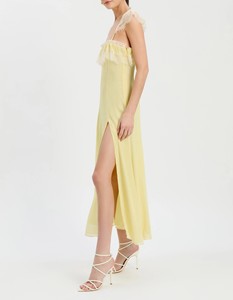 Vestido Midi Asimétrico con Encaje, Transpirable, Lavable, Antiestático, en Amarillo Canario - Product Image 5