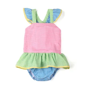 2023 Baby Girls Monogrammed Seersucker Ruffle One Piece Swimsuit Toddler Kids Lined Bathing Suit With Snaps In Crotch Bikini