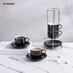 Tazas de Espresso de Cerámica Personalizadas con Platos, Tazas de Capuchino Apilables de 5 oz con Soporte Metálico para Café, Latte y Té, Juego de 4 - Product Image 3