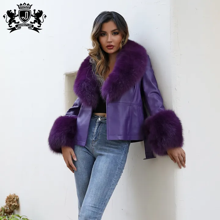 Real Fur Collar Ladies Warm Leather Real Fox Fur Cuffs Womens Genuine Leather Jacket