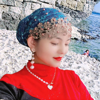 Gorro plisado de moda europea y americana para mujer, gorro de pañuelo musulmán con perlas de tamaño indio, gorro étnico