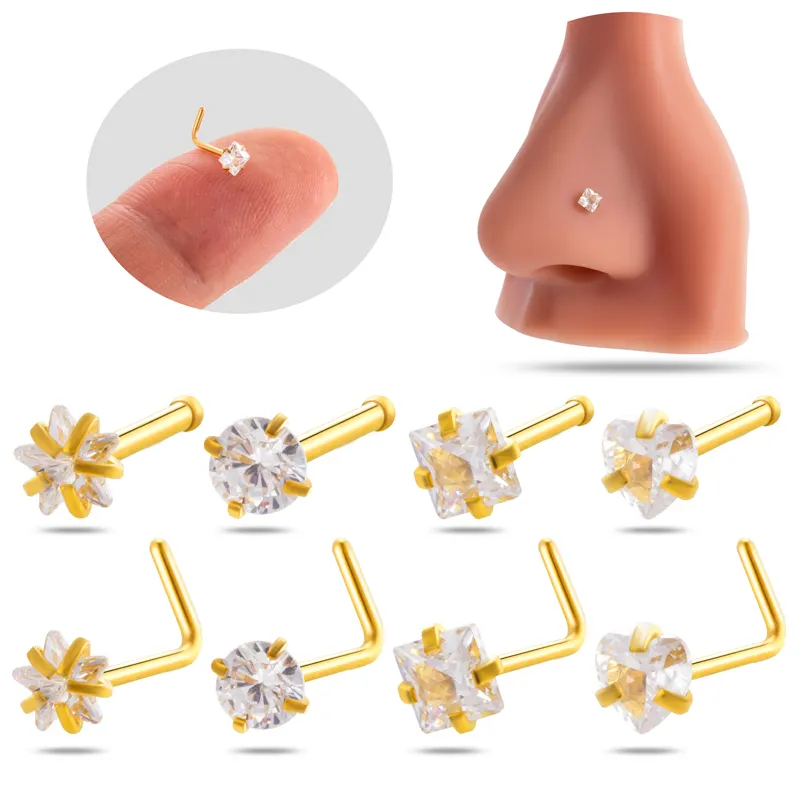 HENGSEN Mix Wholesale 20G Stainless Steel Nose Piercings Jewelry 3mm Round Square Heart Star Zircon Nose Stud For Women