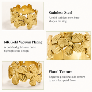 Anillo de Acero Inoxidable con Cuatro Pétalos de Flor, Chapado al Vacío en Oro de 14K, Banda Floral Ancha en Colores Dorado y Plateado - Product Image 4