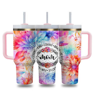 Cadeau pour la fête des mères, tasse personnalisée avec logo, motif floral bohème, maman, fleur, gobelet isotherme de 40 oz, bouteille d'eau sous vide avec poignée - Product Image 2