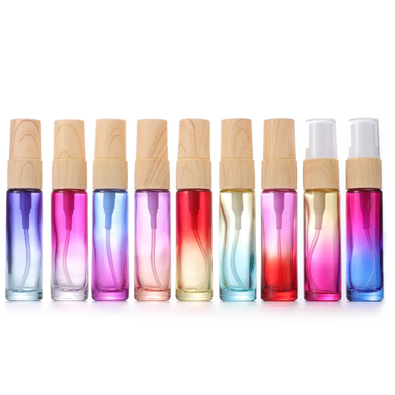 Botol semprot kaca parfum portabel Mini, botol semprot plastik gradien warna Mini portabel 10ml dengan motif kayu