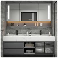 Meuble-lavabo mural moderne en bois de haute qualité CBMmart avec double vasque, miroir intelligent et robinet doré pour appartement