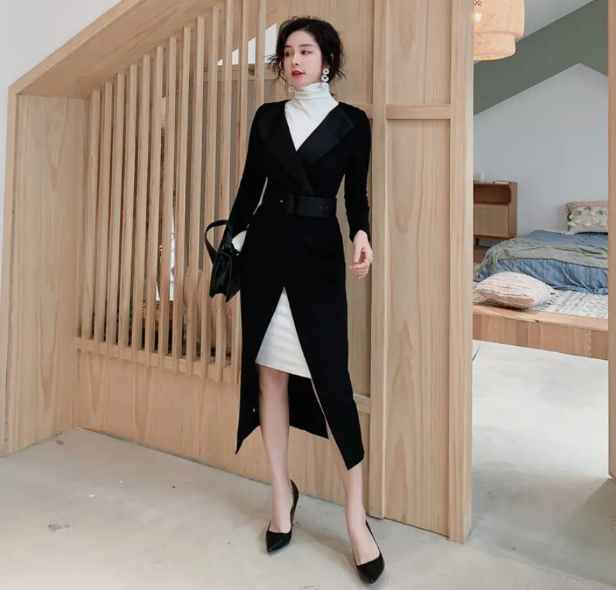ZYHT 1694 Schlussverkauf Frühjahr Herbst Solides Damenkleid Set Mode weiß gestrickt Boden Bodycon Kleider mit Schwarzem Gürtel Blazer