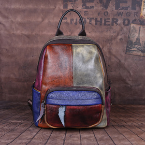 Ando Bag Genuine Cowhide Leather <b>Backpack</b> <b>for</b> <b>Women</b> Vintage Color Block <b>Travel</b> Daypack with Front Pocket - Product Image 3
