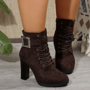 Bottines d'hiver pour femme en coton <span class=keywords><strong>bleu</strong></span> <span class=keywords><strong>marine</strong></span> à bout pointu, talon épais, à lacets, avec boucle, antidérapantes, soutien de la voûte plantaire, style habillé - Product Image 6