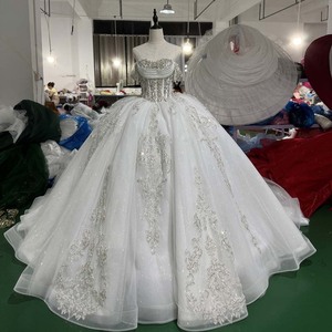 Mc055 Off Shoulder <b>Wedding</b> <b>Dress</b> Corset Boned Bodice <b>Silver</b> Crystal Sequin Lace Applique Sparkling Tulle Jancember - Product Image 1